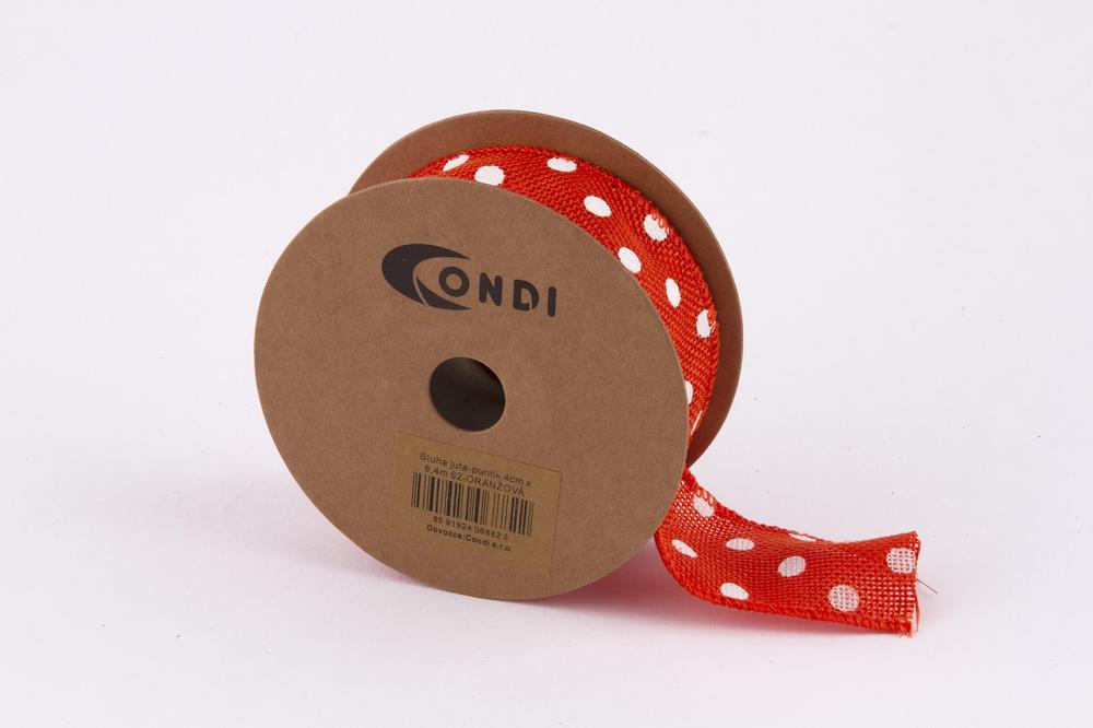 Stuha juta puntík,  4cm x 6,4m, oranžová 62