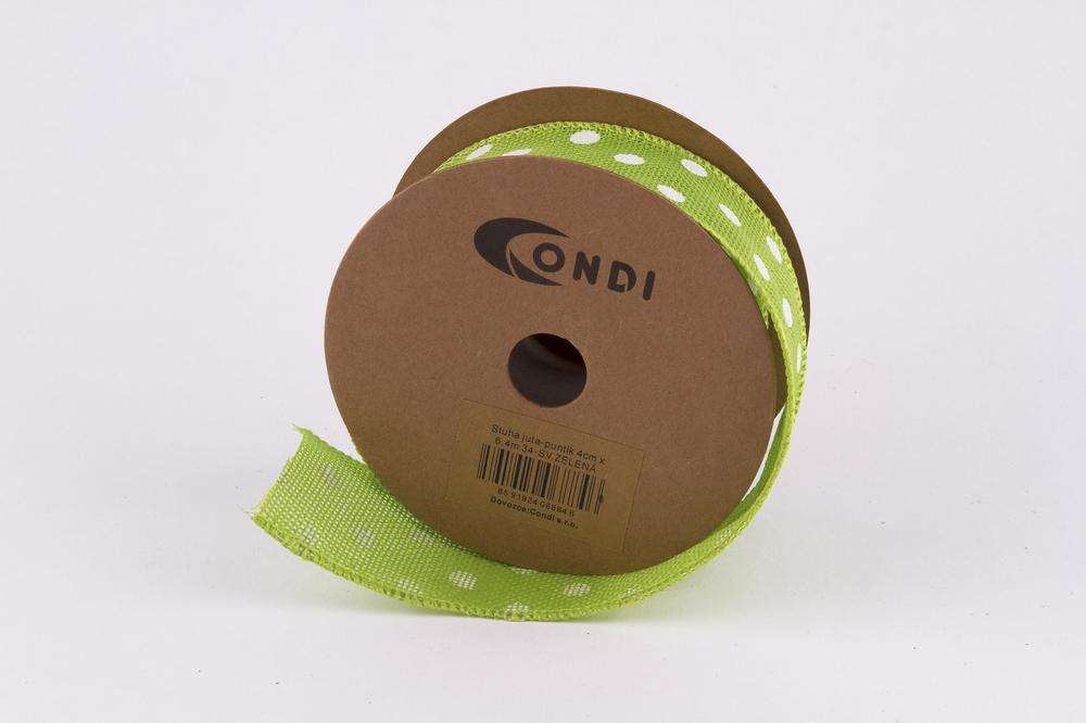 Stuha juta puntík,  4cm x 6,4m, zelená sv. 34
