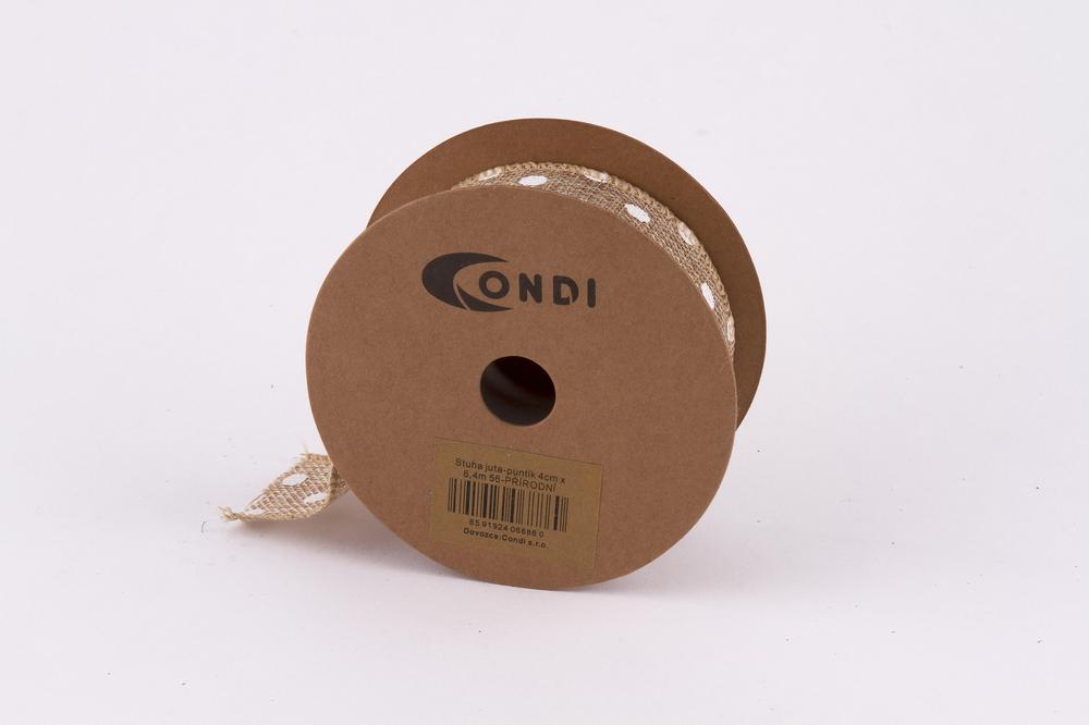 Stuha juta puntík,  4cm x 6,4m, přírodní 56