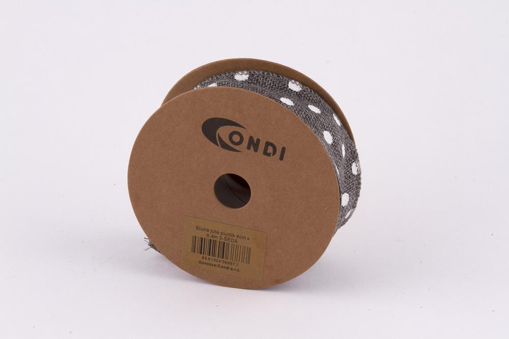 Stuha juta puntík,  4cm x 6,4m, šedá 03