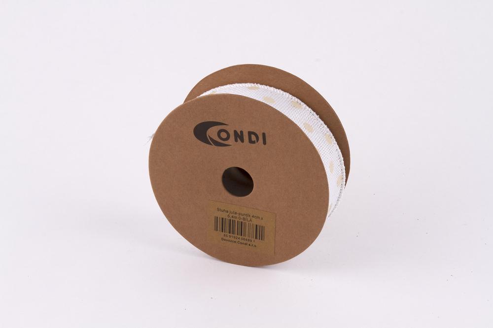 Stuha juta puntík,  4cm x 6,4m, bílá 0