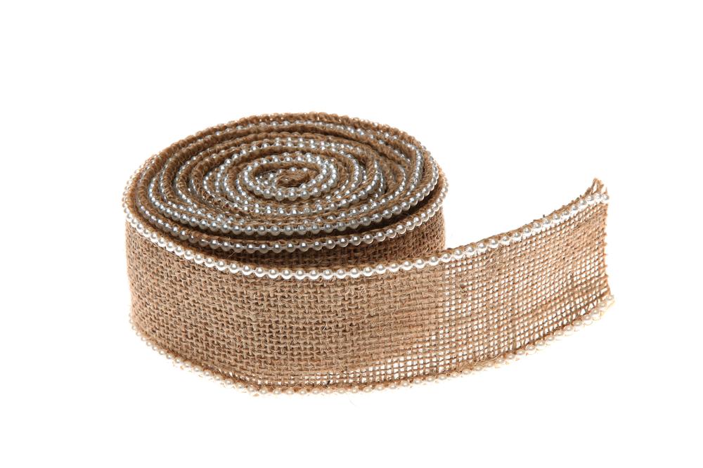 Stuha jutová s perlami,  5cm x 3m, přírodní JL023